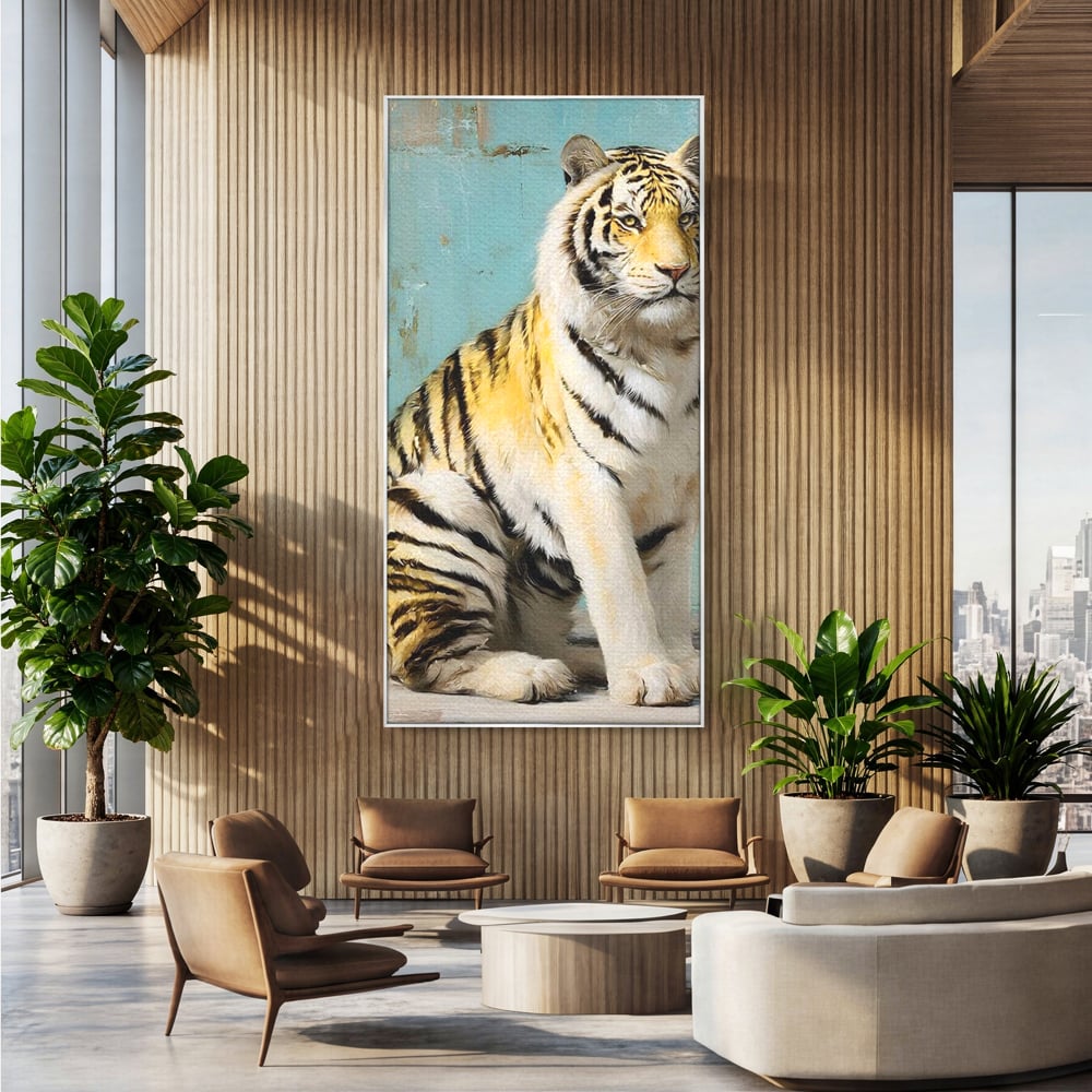 Tablou canvas cu tablou canvas cu tigru alb, in rama de aluminiu argintiu, pe perete intr-un birou